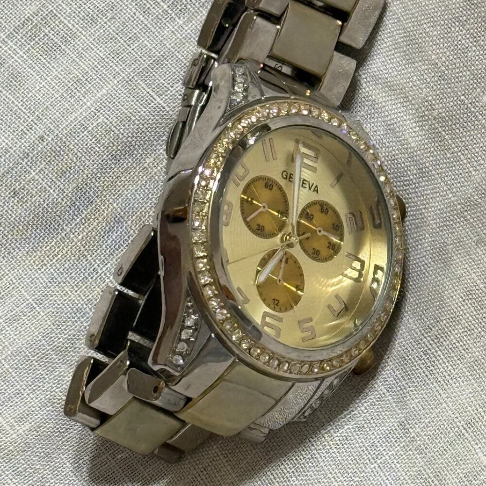Geneva Two-Tone Rhinestone Watch Gold Silver Bracelet